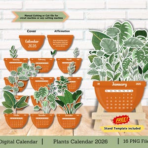 Plant Desk Calendar 2026: Botanical Cut File (PNG Digital Download)