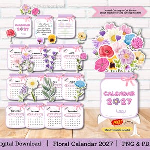 May include: A 2027 floral calendar digital download featuring twelve monthly mason jar designs with colorful watercolor flowers, a large bouquet jar, and a stand template. The text includes "CALENDAR 2027" and "Manual Cutting or Cut file for cricut machine".
