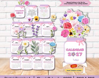 Floral desk Calendar 2027, Flower calendar,  Calendar 2027, cut file for cricut, jar calendar, PDF & PNG file, tropical calendar