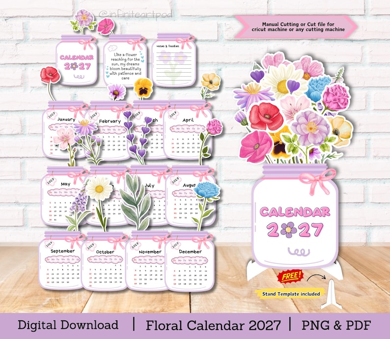 May include: A 2027 floral calendar digital download featuring twelve monthly mason jar designs with colorful watercolor flowers, a large bouquet jar, and a stand template. The text includes "CALENDAR 2027" and "Manual Cutting or Cut file for cricut machine".