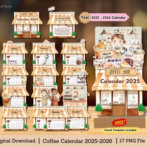 Puede incluir: Una descarga digital de un calendario con temática de cafetería para el año 2025-2026. El calendario presenta un esquema de color marrón y blanco con ilustraciones de tazas de café, granos de café y una fachada de cafetería. El calendario está diseñado para ser impreso y utilizado como un calendario de pie.