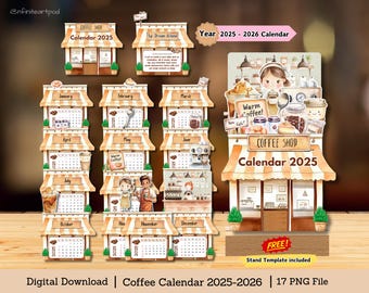 May include: A digital download of a coffee shop themed calendar for the year 2025-2026. The calendar features a brown and white color scheme with illustrations of coffee cups, coffee beans, and a coffee shop storefront. The calendar is designed to be printed and used as a stand-up calendar.