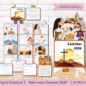 Op de afbeelding: Een Bijbelverskalender voor 2026, met illustraties voor elke maand. De kalender bevat een standaardsjabloon en is beschikbaar als digitale download. Het ontwerp bevat religieuze beelden, waaronder een kruis, en de tekst "Kalender 2026".