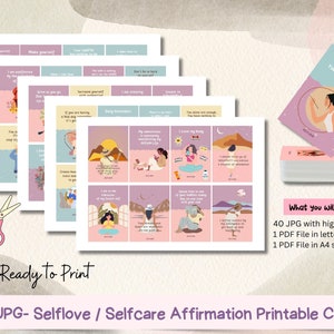 May include: A set of 40 printable self-love and self-care affirmation cards. The cards feature colorful illustrations and positive affirmations. The text on the cards includes phrases like "I am creating my dream life" and "I choose to let go of negativity and embrace a season of abundance".
