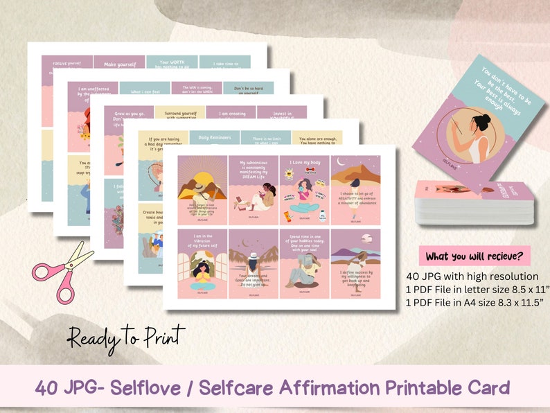 May include: A set of 40 printable self-love and self-care affirmation cards. The cards feature colorful illustrations and positive affirmations. The text on the cards includes phrases like "I am creating my dream life" and "I choose to let go of negativity and embrace a season of abundance".