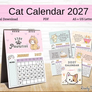 May include: A 2027 digital download cat calendar in PDF format, available in A5 and US Letter sizes. The calendar features pastel-colored pages with illustrations of cats, motivational quotes, and a monthly grid layout for January and other months.