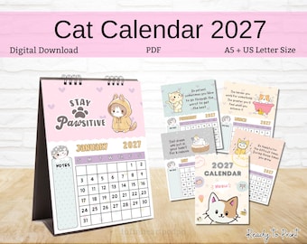 May include: A 2027 digital download cat calendar in PDF format, available in A5 and US Letter sizes. The calendar features pastel-colored pages with illustrations of cats, motivational quotes, and a monthly grid layout for January and other months.