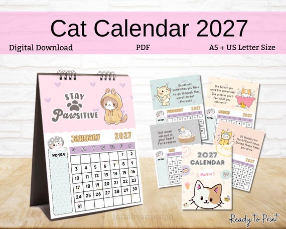 Cat calendar 2027, desk calendar, kawaii cat printable calendar, monthly calendar 2027