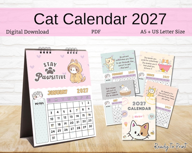 May include: A 2027 digital download cat calendar in PDF format, available in A5 and US Letter sizes. The calendar features pastel-colored pages with illustrations of cats, motivational quotes, and a monthly grid layout for January and other months.