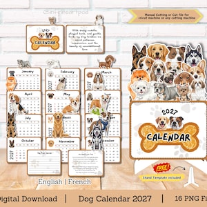 Peut inclure: Un ensemble de calendrier numérique pour chiens 2027 comprenant 16 fichiers PNG avec diverses races de chiens, des grilles mensuelles et des en-têtes en forme d'os. Inclut des modèles de support, du texte inspirant et des pages de notes.