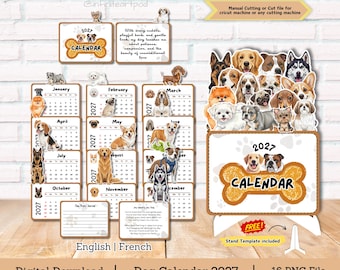 Calendrier des chiens 2027, calendrier des amoureux des chiens, calendrier de bureau, téléchargement immédiat, fichier de coupe PNG, calendrier imprimable