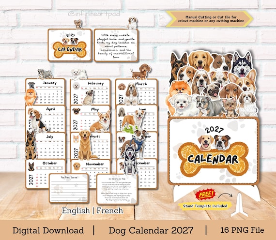 Dog Calendar 2027, Dog Lover Calendar, Desk Calendar, Instant Download, PNG Cut file, Printable Calendar