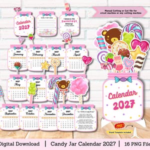 Puede incluir: Un conjunto de calendario 2027 con temática de dulces que incluye doce tarjetas mensuales con forma de frasco, una tarjeta de notas y una portada. El diseño presenta ilustraciones coloridas de piruletas, ositos de goma, donas y algodón de azúcar.