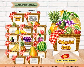 May include: A digital fruit-themed calendar for 2026. The image shows a large basket filled with fruits, and smaller baskets representing each month. The text "Calendar 2026" is displayed. The image includes the text "Digital Calendar | Fruits Calendar 2026 | 16 PNG File."