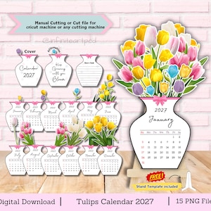 Puede incluir: Un conjunto de calendario digital 2027 con páginas en forma de jarrón e ilustraciones de tulipanes. Cada página muestra un mes, fechas y un lazo rosa. Incluye un gran ramo de tulipanes amarillos, rosas, blancos y morados, y una plantilla de soporte.