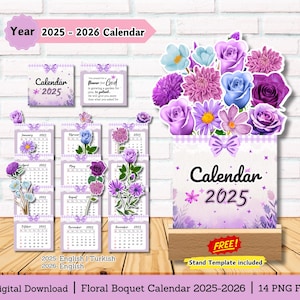 Calendrier floral, calendrier bouquet de fleurs, calendrier de bureau floral, calendrier floral bricolage, calendrier de bureau, calendrier 2025, mini calendrier