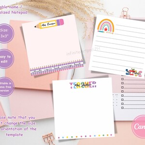 May include: Four printable 3x3 inch notepad designs for teachers. The designs feature a rainbow, a pencil, a teacher's apple, and the word "Teacher" in colorful letters. The notepads are customizable with the teacher's name.