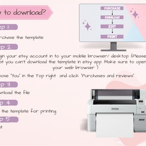 以下が含まれることがあります： ピンクとブルーのコンピューター画面のイラストで、「PURCHASE」、「DOWNLOAD」、「EDIT」、「PRINT」の言葉がフローチャートで表示されています。イラストの下には、デジタルテンプレートのダウンロード方法が記載されており、購入、ログイン、ダウンロード、編集、印刷の手順が含まれています。