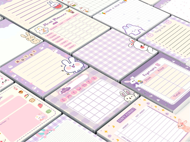May include: A set of purple and pink memo pads with bunny illustrations. The pads feature different designs, including a meal planner, a monthly calendar, a to-do list, a notes section, and an expenses tracker. The pads are perfect for organizing and planning.
