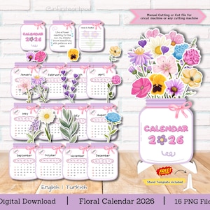 Puede incluir: Una descarga digital de un calendario floral para 2026. El calendario presenta un diseño de tarro con flores y calendarios mensuales. La imagen incluye el texto "Calendar 2026" y "Floral Calendar 2026".