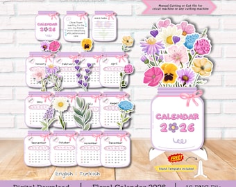 Floral bureaukalender 2026, bloemenkalender, kalender 2026, gesneden bestand voor cricut, potkalender, png-bestand knippen, tropische kalender