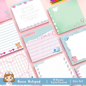 Peut inclure: Plusieurs blocs-notes sur le thème des infirmières de 7,6 x 7,6 cm avec divers motifs. Certains blocs-notes présentent des illustrations médicales, tandis que d'autres ont du papier ligné ou quadrillé. Un bloc-notes porte le texte "SHE BELIEVED She could CHANGE THE WORLD So she became A NURSE."
