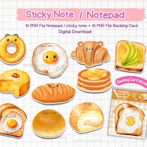 Op de afbeelding: Een digitale download met sticky notes en notitieblokken met een voedselthema. De set bevat ontwerpen zoals een donut, gebakken ei, croissant, avocado toast, kaas, brood, pannenkoeken en een achtergrondkaart. De tekst op de afbeelding luidt "Sticky Note / Notepad".
