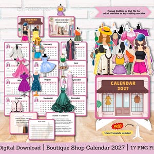 May include: A 2027 boutique shop calendar digital download featuring 17 PNG files. The set includes monthly calendar pages, paper doll-style clothing illustrations, a shop front graphic, and note cards. Text includes Calendar 2027 and Unfold your beauty.