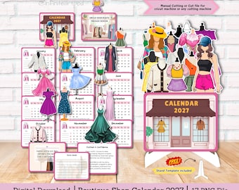 May include: A 2027 boutique shop calendar digital download featuring 17 PNG files. The set includes monthly calendar pages, paper doll-style clothing illustrations, a shop front graphic, and note cards. Text includes Calendar 2027 and Unfold your beauty.