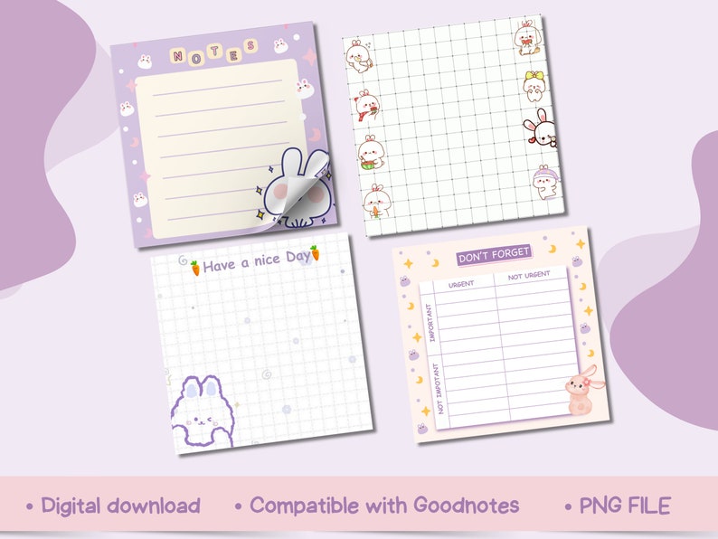May include: Four digital planner pages featuring a cute bunny theme. The pages include a notes page, a grid page, a "Have a nice day" page, and a "Don't forget" page with an Eisenhower matrix.