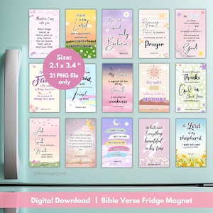 Op de afbeelding: Een set van 21 digitale, afdrukbare koelkastmagneten met Bijbelteksten. Elke magneet is 5,3 cm bij 8,6 cm en heeft een kleurrijk ontwerp met een Bijbelvers en een schattige illustratie. De magneten zijn perfect om een vleugje geloof toe te voegen aan je keuken of huis.