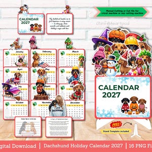Dachshund Holiday Calendar 2027, Holiday Theme Calendar, Dog Calendar, PNG Cutfile, Instant Download, cute dog PNG