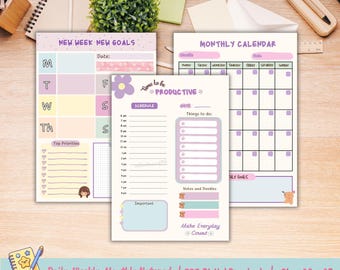 Schattig notitieblok, dagelijkse planner, maandplanner, weekplanner, afdrukbaar notitieblok, memoblad, notitiebloksjabloon, memoblok, kawaiinotitieblok