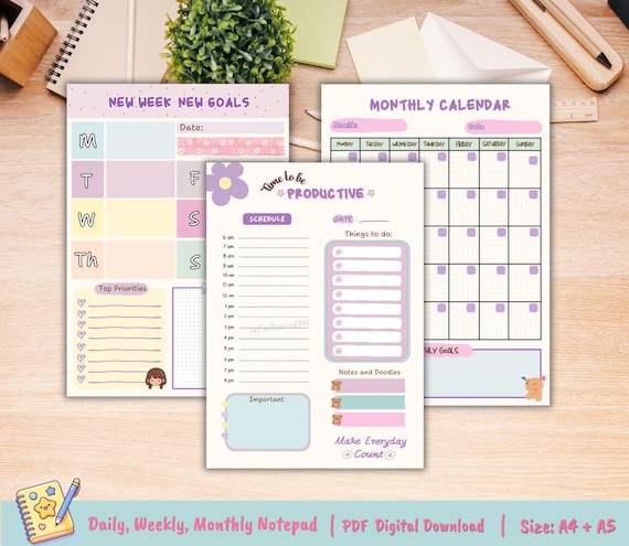 Cute Notepad, Daily Planner, Monthly planner, weekly planner, printable notepad, memo sheet, notepad template, memo pad, kawaii notepad