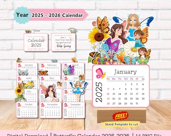 Vlinderkalender, bureaukalender, kalender 2025, kalender met knipbestanden