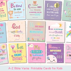Cartão bonito com versículos da Bíblia ABC para crianças, cartão com versículos da Bíblia A-Z, flashcard com versículos da Bíblia para crianças, cartão com versículos da Bíblia ABC para impressão, verso para impressão