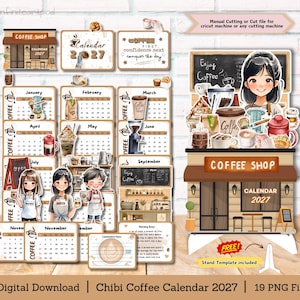 Pode incluir: Um conjunto de download digital de calendário 2027 com tema de cafeteria, apresentando personagens chibi, equipamentos de café e grades mensais. A coleção inclui várias ilustrações relacionadas ao café, elementos de texto e um modelo de suporte.