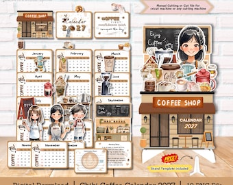 May include: A 2027 coffee shop themed calendar digital download set featuring chibi characters, coffee equipment, and monthly grids. The collection includes various coffee-related illustrations, text elements, and a stand template for assembly.