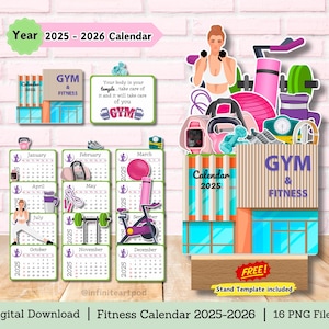 Puede incluir: Un calendario digital imprimible para el año 2025-2026 con un tema de gimnasio y fitness. El calendario presenta un diseño colorido con un edificio de gimnasio, pesas y otros equipos de fitness. El texto "Gym & Fitness" se muestra de forma prominente en el calendario.