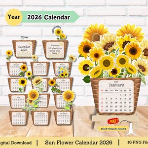 Sunflower Desk Calendar 2026, flower calendar, DIY Cut File (PNG)