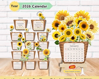 Sunflower Desk Calendar 2026, flower calendar, DIY Cut File (PNG)