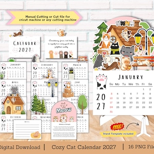 May include: A 2027 digital calendar set featuring cat illustrations, including a monthly calendar, a notes page, and a stand template. The design includes various cats, a house, trees, and a street lamp. Text includes Manual Cutting or Cut file for cricut machine or any cutting machine, Calendar 2027, Meow, and January.