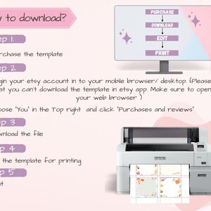 May include: A guide titled "How to download?" with steps to purchase, download, edit, and print a template. An Epson printer is shown printing a template with colorful graphics. The steps are numbered and include instructions for Etsy users.