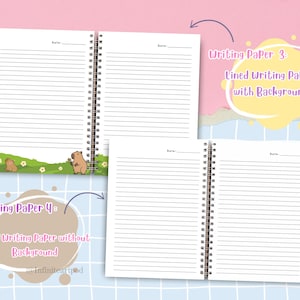 Pu&ograve; includere: Quaderno aperto a spirale con pagine a righe. Un quaderno presenta un bordo illustrato verde e bianco con capibara dei cartoni animati. Il testo sull'immagine recita "Writing Paper 3: Lined Writing Paper with Background" e "Writing Paper 4: Lined Writing Paper without Background."