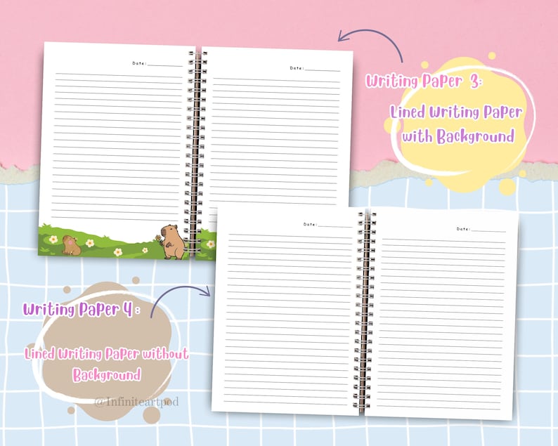 Pu&ograve; includere: Quaderno aperto a spirale con pagine a righe. Un quaderno presenta un bordo illustrato verde e bianco con capibara dei cartoni animati. Il testo sull'immagine recita "Writing Paper 3: Lined Writing Paper with Background" e "Writing Paper 4: Lined Writing Paper without Background."