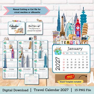 Pode incluir: Um conjunto de calendário de mesa 2027 com tema de viagem, incluindo 12 páginas mensais com ilustrações de marcos globais, uma página de janeiro, um diário de aventuras e um modelo de suporte 3D. O texto inclui Manual Cutting or Cut file.