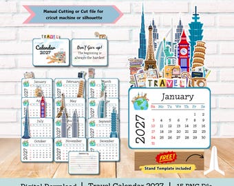 Travel Calendar, Iconic Destination Calendar, desk calendar, calendar 2027, mini calendar, cut file calendar