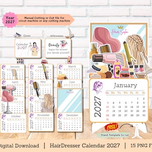 May include: A 2027 hair salon themed calendar set featuring twelve monthly pages with illustrations of hair styling tools, salon chairs, and hair care products. The set includes a stand template for assembly and text elements like Year 2027, Hair Salon, and Beauty begins the moment you decide yourself.