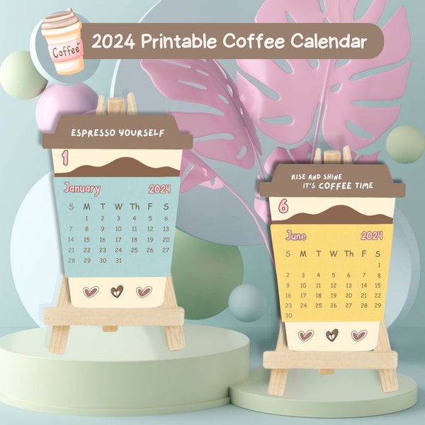 Coffee cup mini calendar, coffee cup desk calendar, coffee printable calendar, coffee calendar, coffee calendar template, printable calendar