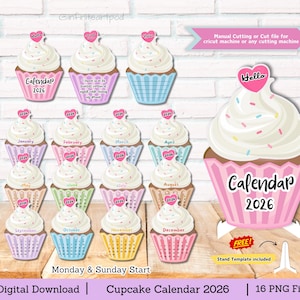 Cupcake Desk Calendar 2026, Sweet Calendar 2026, Cake Calendar, Cut file for cricut, Birthday calendar, instant download, PNG file